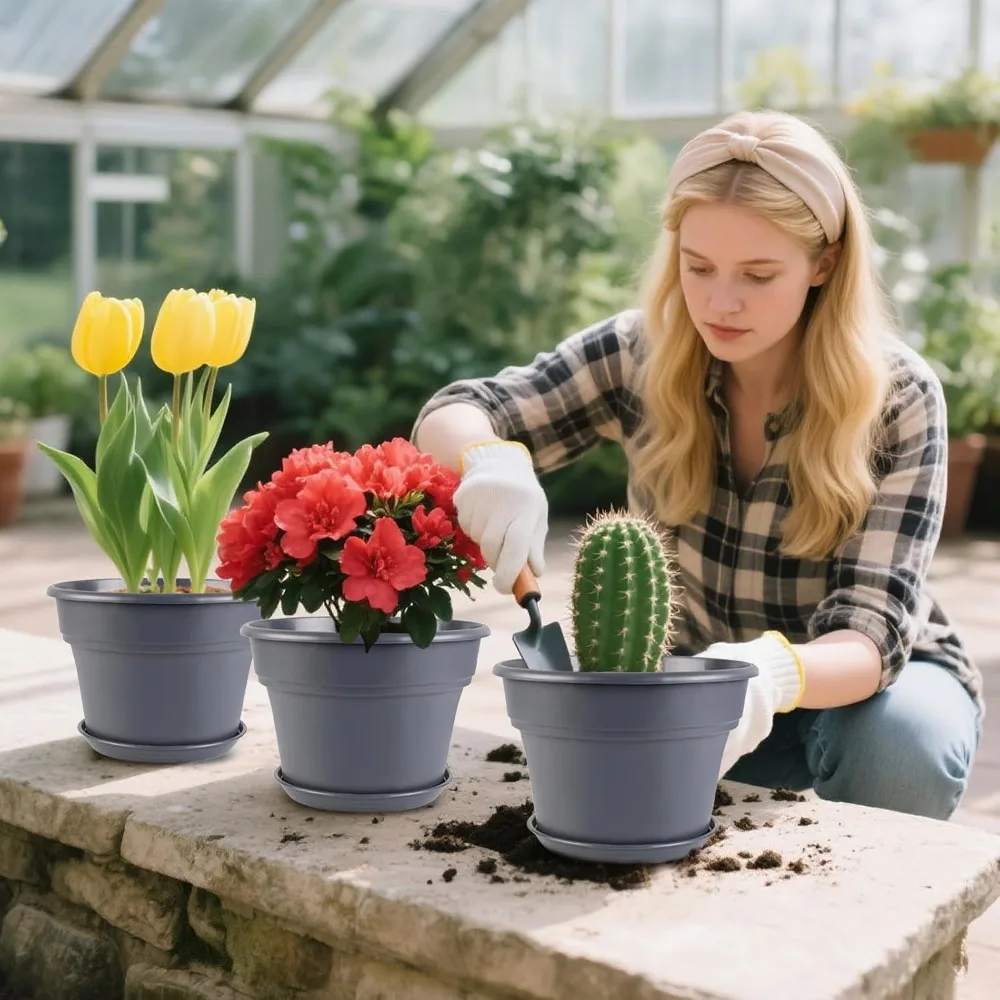 أوعية نباتات كبيرة مقاس 16 بوصة، 4 عبوات، مزارعي زهور بلاستيكية مع فتحات تصريف وصواني لتزيين الحديقة الداخلية والخارجية #4