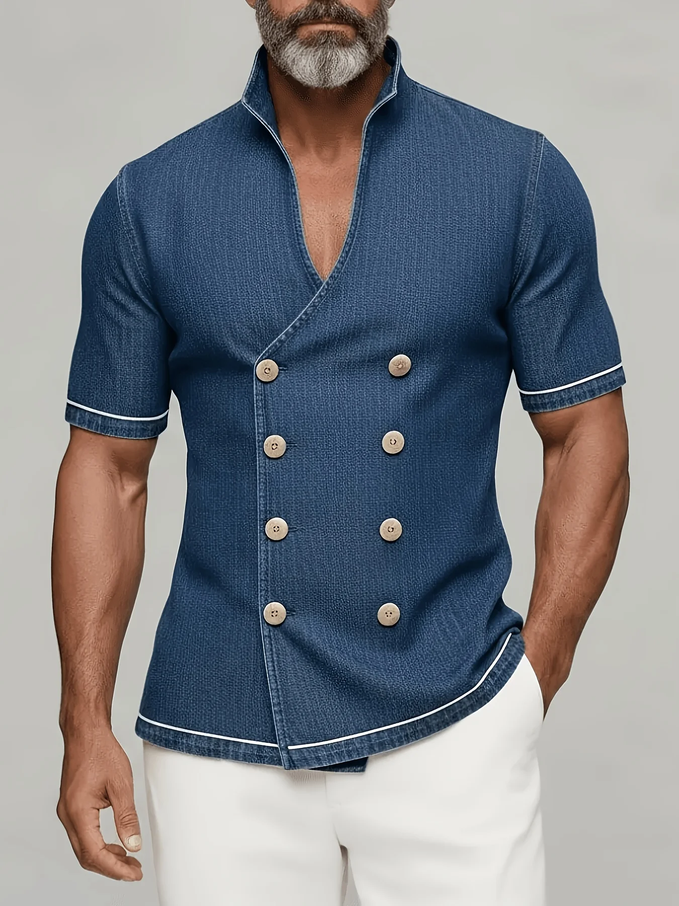 Men Stand Collar Double Breasted Short Sleeve Shirt Contrast White Trim Slim Fit V Neck Casual Summer Button Down Shirts Tops