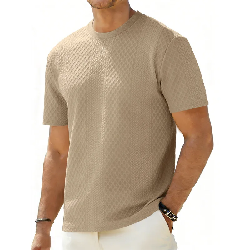 

Spring and Summer New Men's Jacquard Texture T-shirt Casual Loose Solid Color Round Neck Short Sleeve