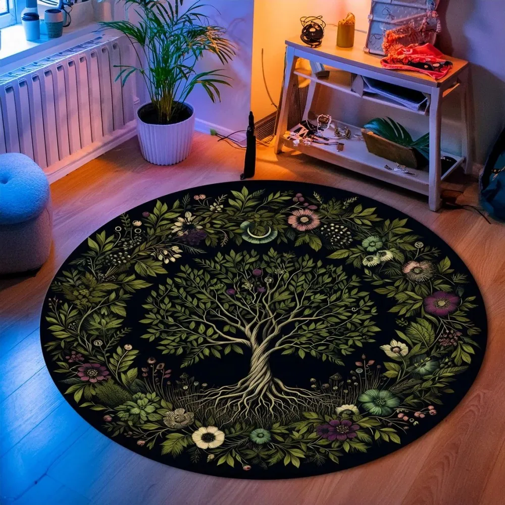 Tree of Life Round Rug Nature Mandala Rug Ancient Spiritual Decor Carpet Meditation Space Rug Washable and Non Slip Floor Mat