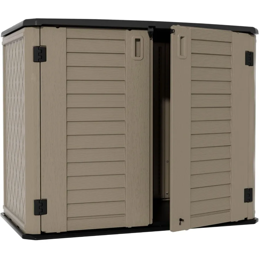 Outdoor storage shed for garden tools, resin material, coffee color, waterproof and lockable lid with latch, 4x2.5 feet