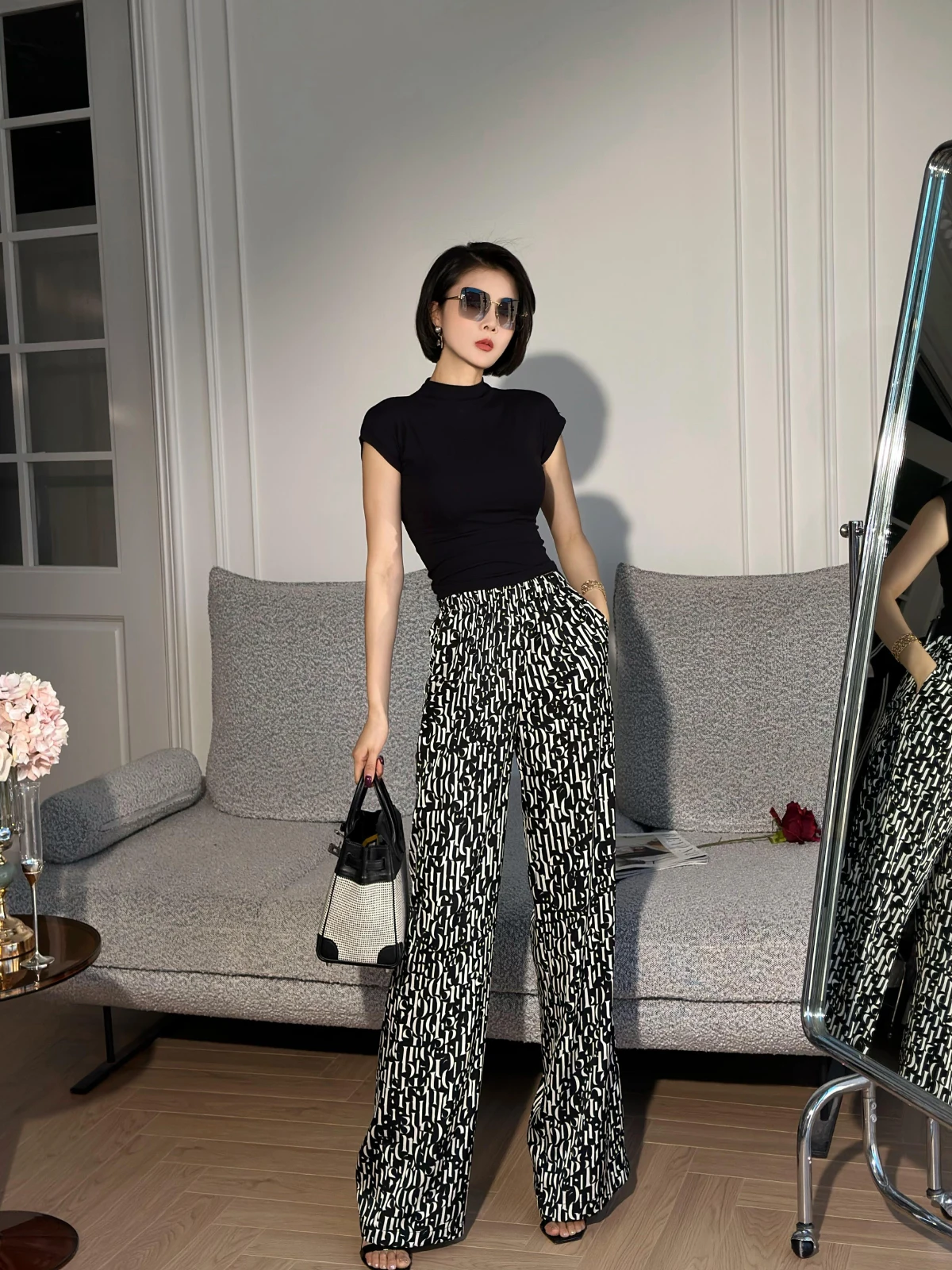 

XULU Original Summer Vintage Wide Leg Pants High Waist Straight Cut Acetate Satin Letter Faionable Casual Trousers