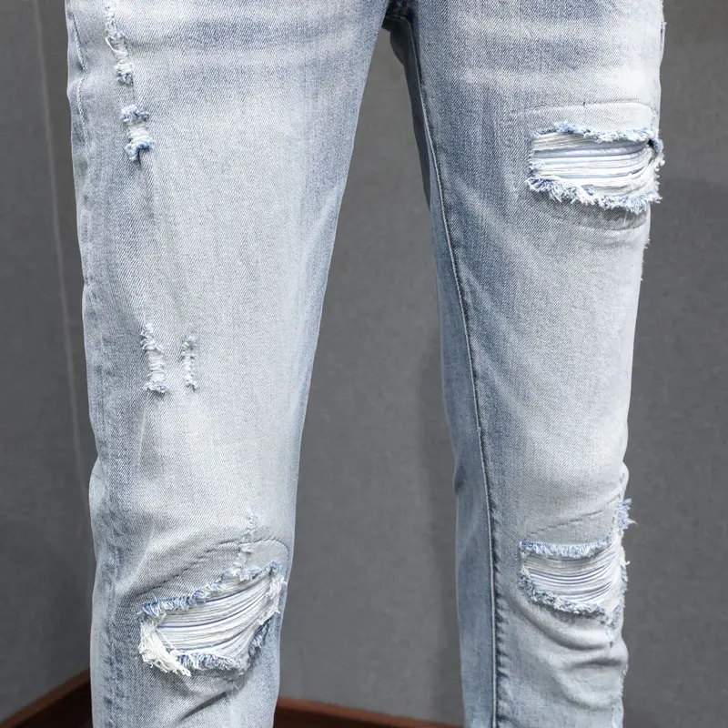 

Y2K Designer's Fashionable New High Quality Men's Jeans, Washed Nostalgic Stretch Slimming Light Blue Jeans, High Street Hip Hop