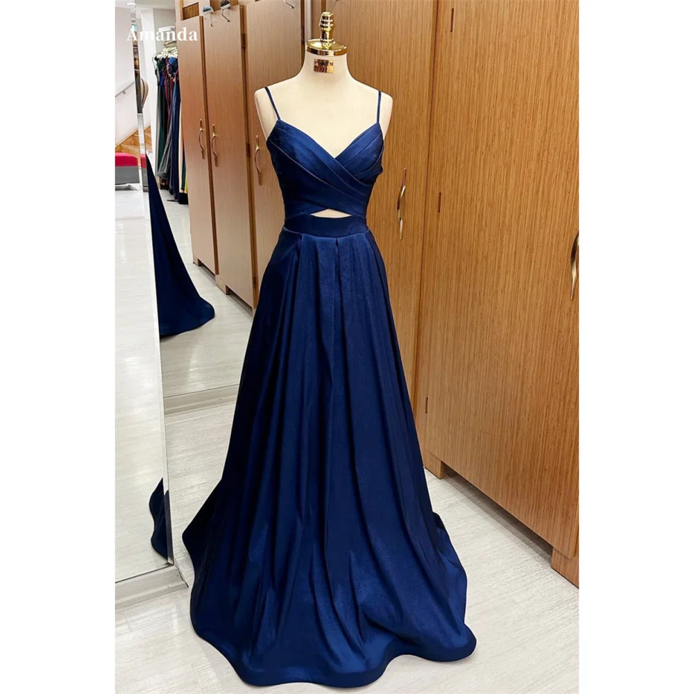 Amanda Navy Blue V-neck Prom Gown Elegant Sleeveless Spaghetti Strap Evening Formal Floor-Length Party Dress for Women 2024