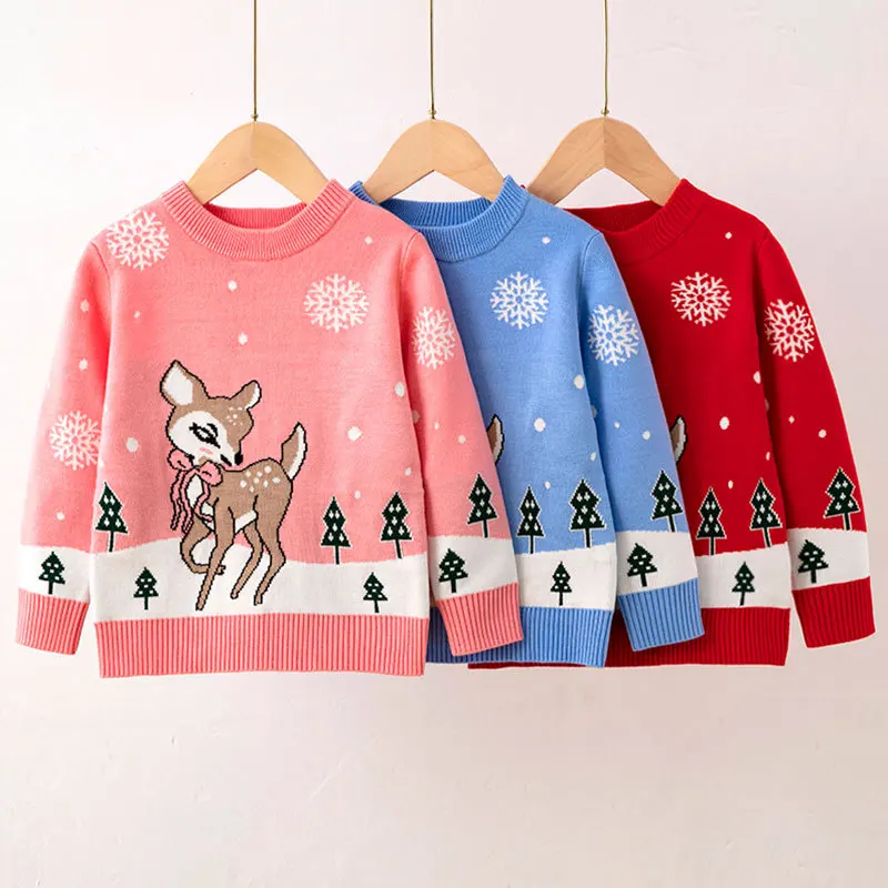 

Cute Christmas Cartoon Elk Sweater Autumn Winter Children's Snowflake Xmas Pullovers for Girls Long Sleeve Casual Knitted Top