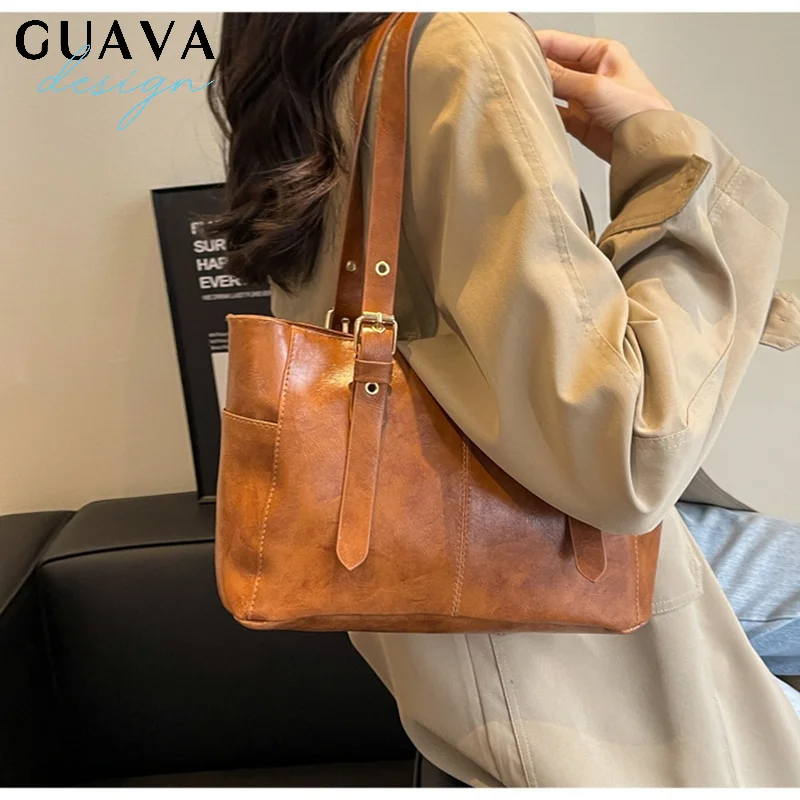 

Fashion Retro Women Pu Leather Shoulder Bags Trend High End Lady Tote Bag Large Capacity Female's Commuter Bag Handbag Purses