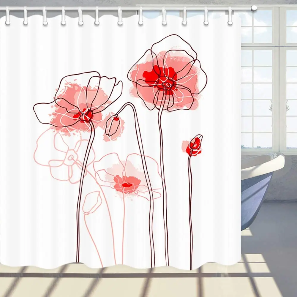 Flower Decor Shower Curtain Floral Red Poppies Flowers  White Background Bathroom Polyester Fabric Bath Curtains with Hooks