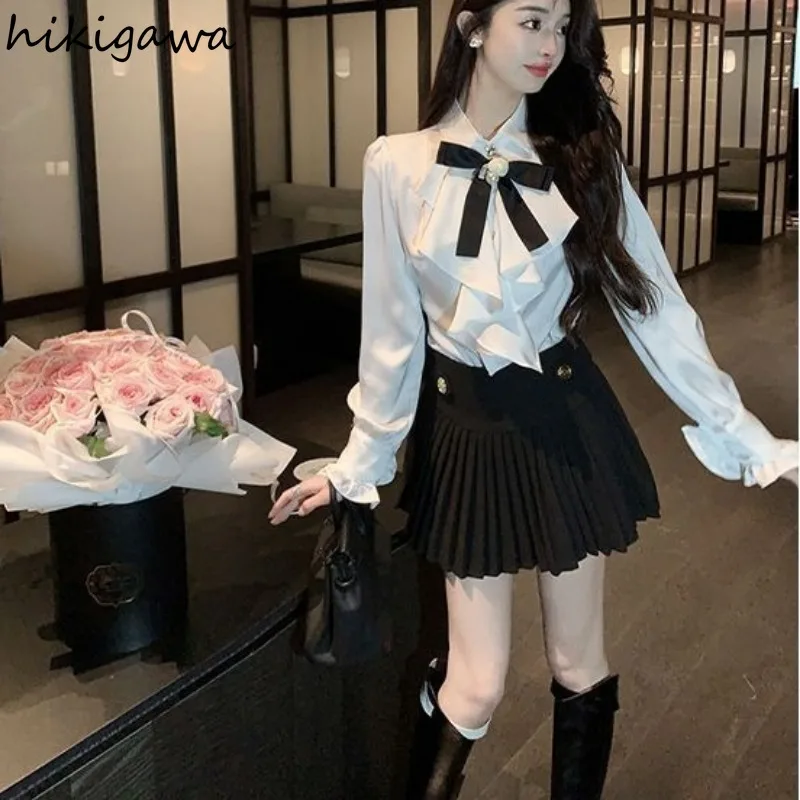 White Blouse for Women Long Sleeve Bow Shirts 2024 Blusas Mujer De Moda Temperament Ladies Tops Ruffles Fashion Korean Blouses