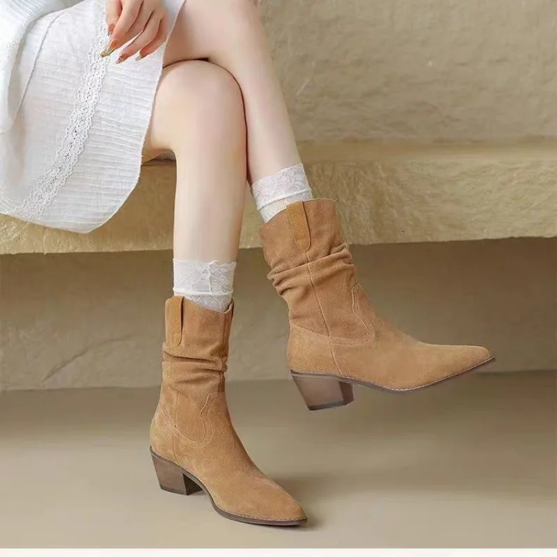 

Women's Ankle Boots Increased Height Leather Inner Fall 2025 New Coarse Heel Mid-Calf Western Fold Ort Boot for Women