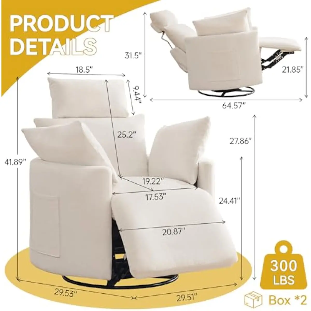 Manual Glider Recliner with 360° Swivel and 30° Rocking Motion, Chenille Upholstered Barrel Chair Featuring Silent Pull-Ring Rec