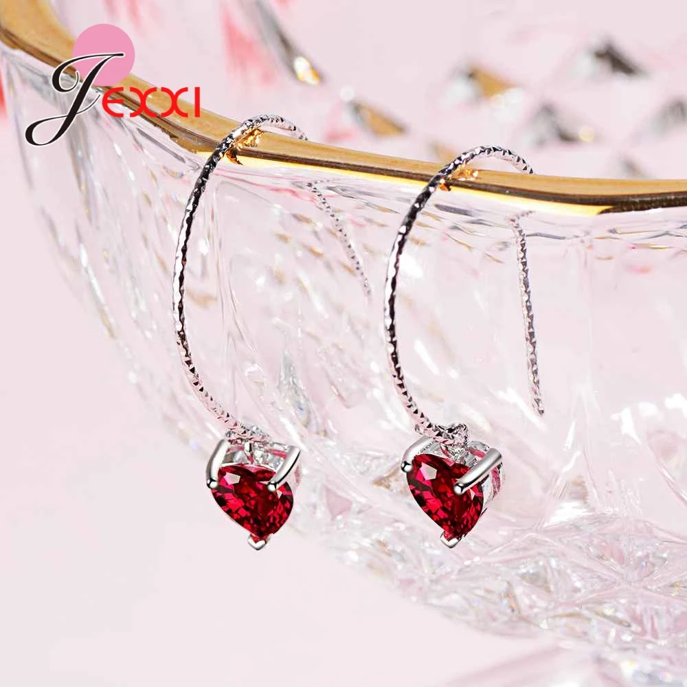 

Lovely Red Heart Crystals Dangle Earrings 925 Sterling Silver Earring For Girl Women Romantic Accessories