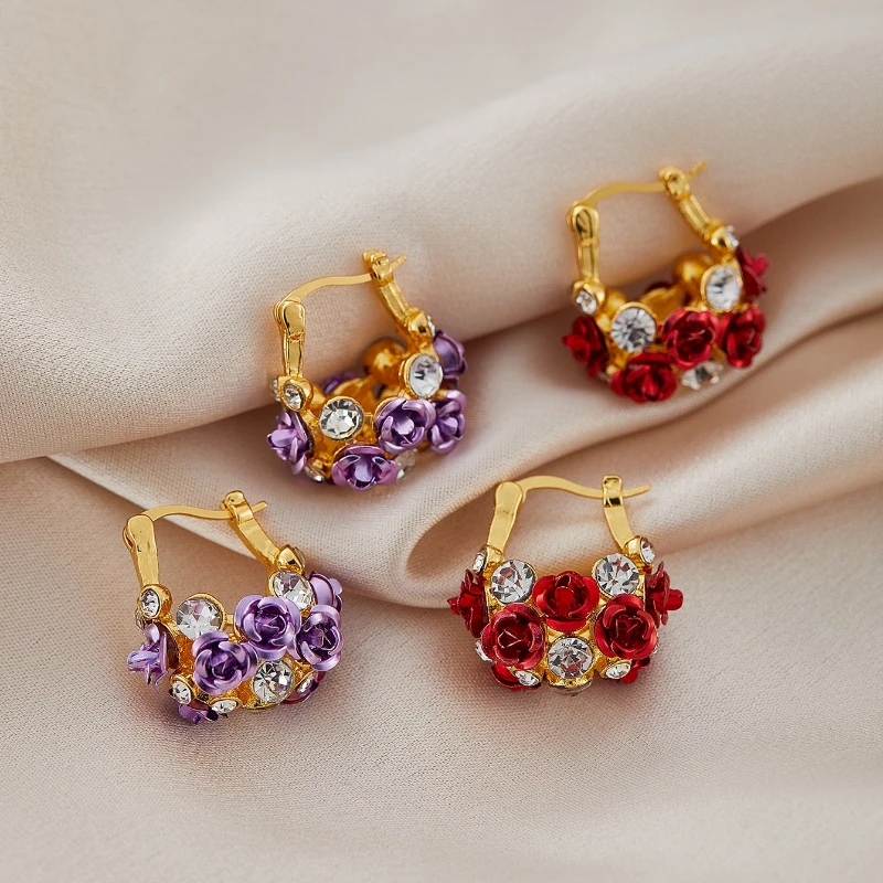 Vintage Red Color Rose Earrings with Golden Flower Inlay Sparkling Earrings Suitable Women's Weddings Holidays and Parties Gift