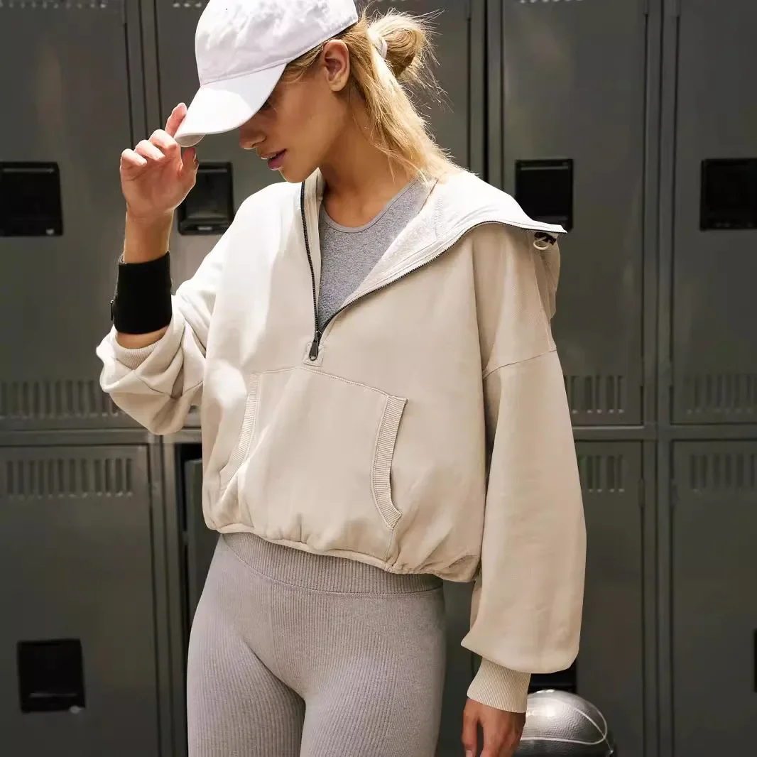 Herbst Frühling frauen Outdoor Yoga Zipper Hoodies Crop Tops Kordelzug Kapuze Lange ärmeln Stricken Lose Beiläufige Hoodie Sport tops