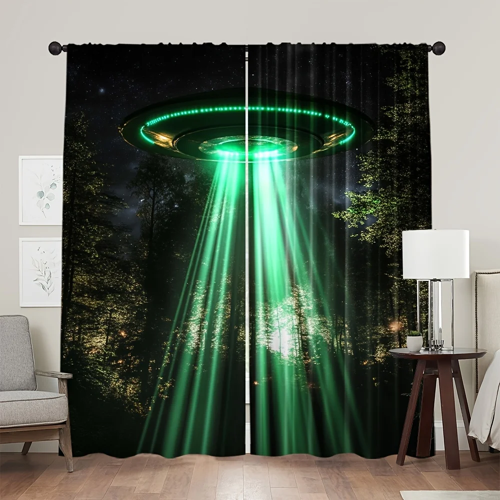 UFO Alien Spaceship Curtain, Green Beam Forest Night Window Drape, Sci-Fi Mystery Decor for Boys Room, Blackout Fabric