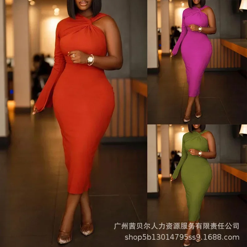 

Women Dress 2023 New Summer Solid Color Halterneck Off-the-shoulder Slim Dress for Women