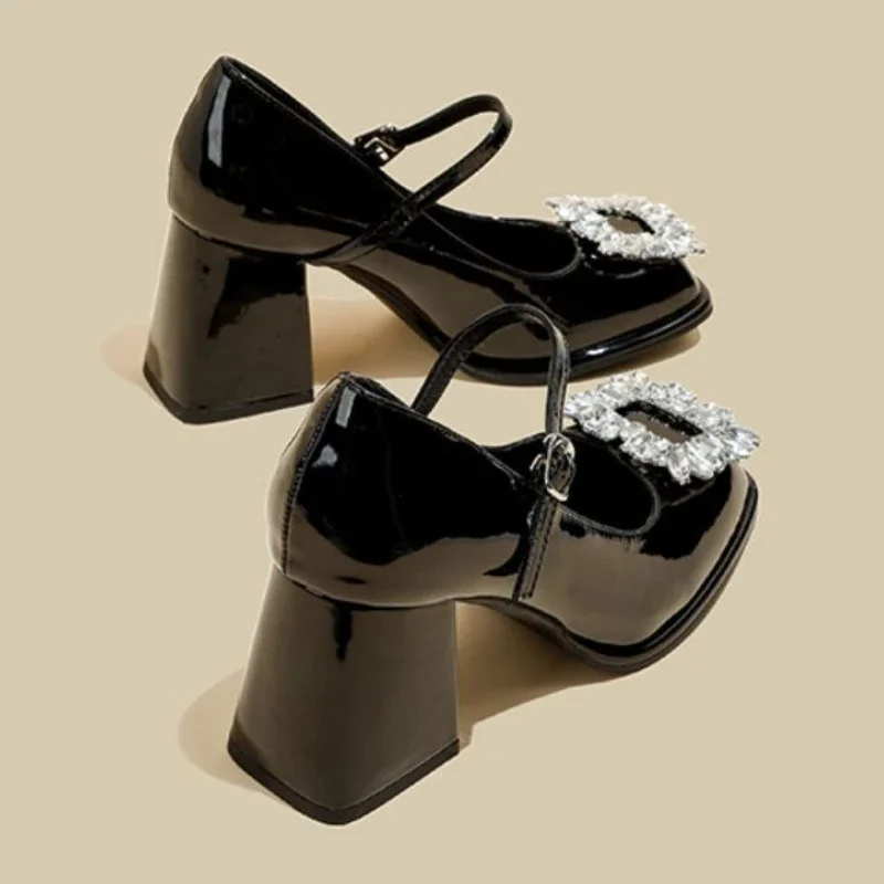 

Sexy Square Toe Rhinestone Mary Jane Shoes French Chunky Heel Black Patent Leather Elegant Women's High Heels