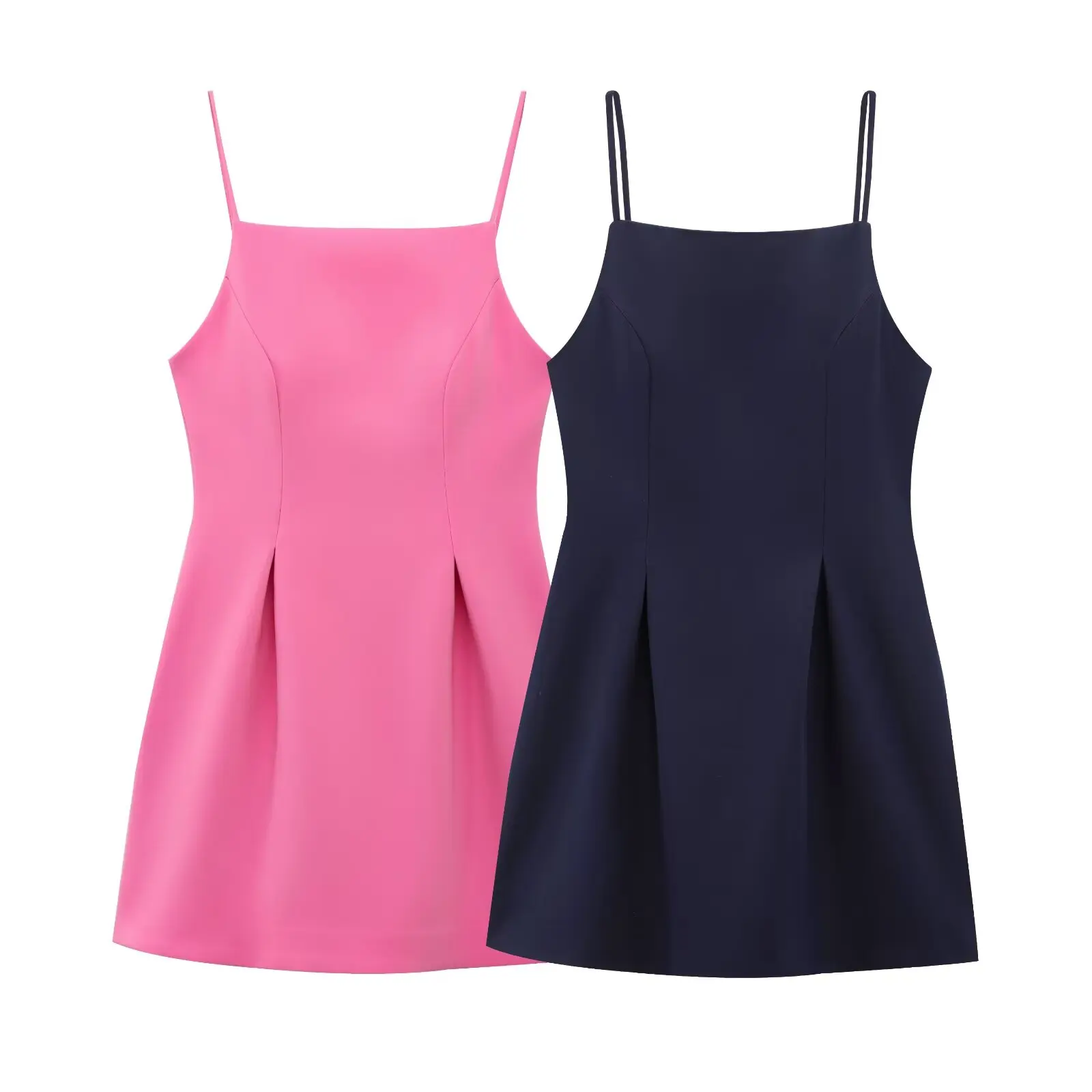   فستان نسائي بحزام سباغيتي مع جزء علوي مناسب وتفاصيل مطوية على التنورة مثالي لملابس الصيف والحفلات غير الرسمية