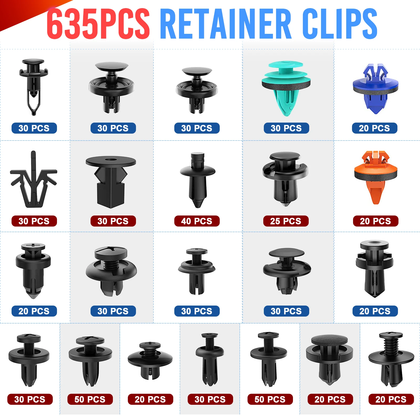 

MICTUNING 680pcs Car Mount Clips Auto Fasteners Removal Tool Kit, 22 Popular Size Nylon Bumper Rivets Retainers Cable Ties