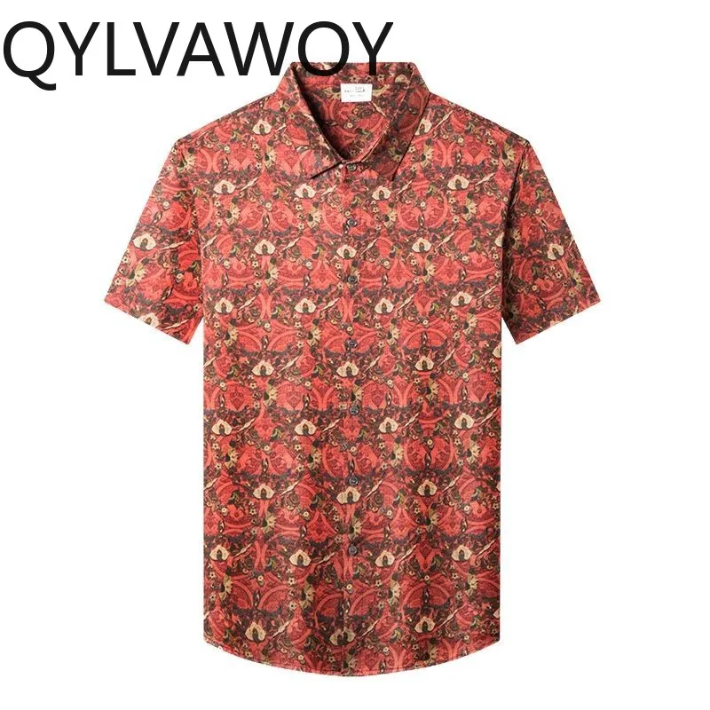 

QYLVAWOY 92.5% Natural Mulberry Silk Men's Shirts Printed Man Shirts New Summer Tops Thin Short Sleeve Menswear Clothing Casual