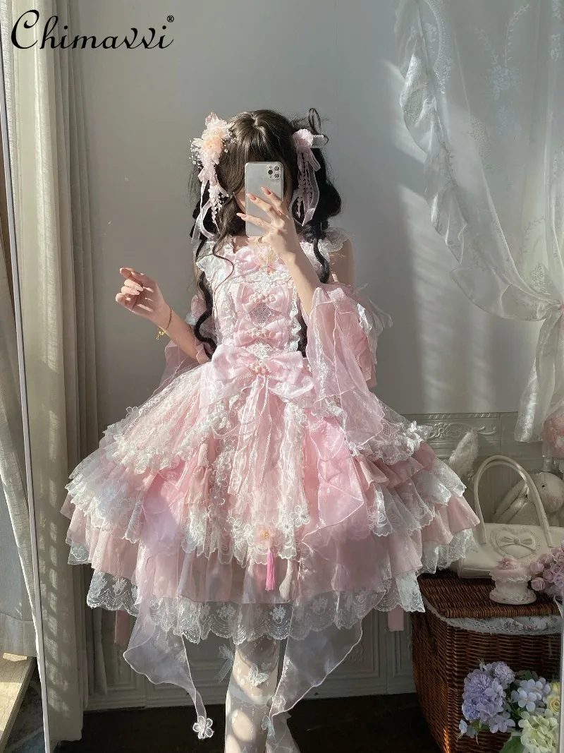 

Original Design Lolita Chinese Style JSK Strap Dress Spring Summer New Sweet Girl Super Fairy Cute Bow Princess LO Dress