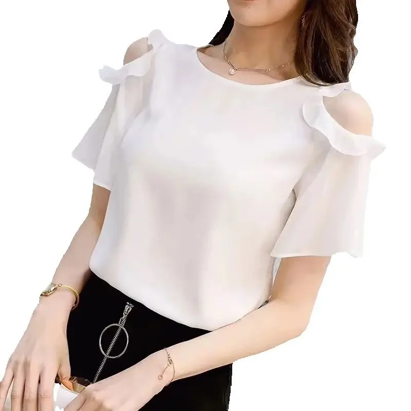 

2026 Spring Summer New Fashionable Loose and Versatile Blouses Shirts Round Neck White Short Sleeved Top Women's Shirt