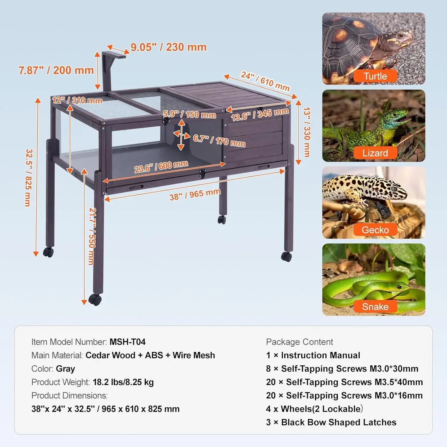 Tortoise Habitat, Cedar Wooden Tortoise House Indoor & Outdoor, Rolling Tortoise Enclosure with Light Stand