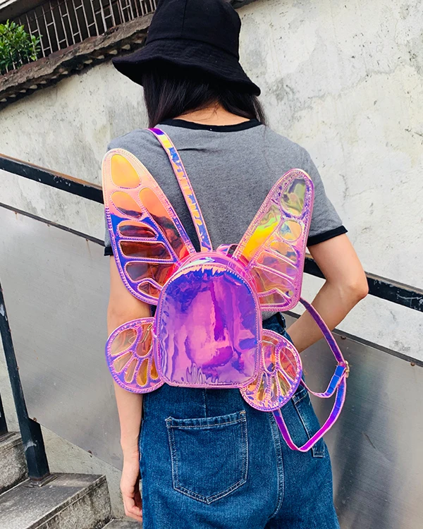 Fashion Women\'s Laser Mini Backpack Butterfly Angel Wings Daypack for Girls Travel Casual Daypack School Bag Holographic Leather