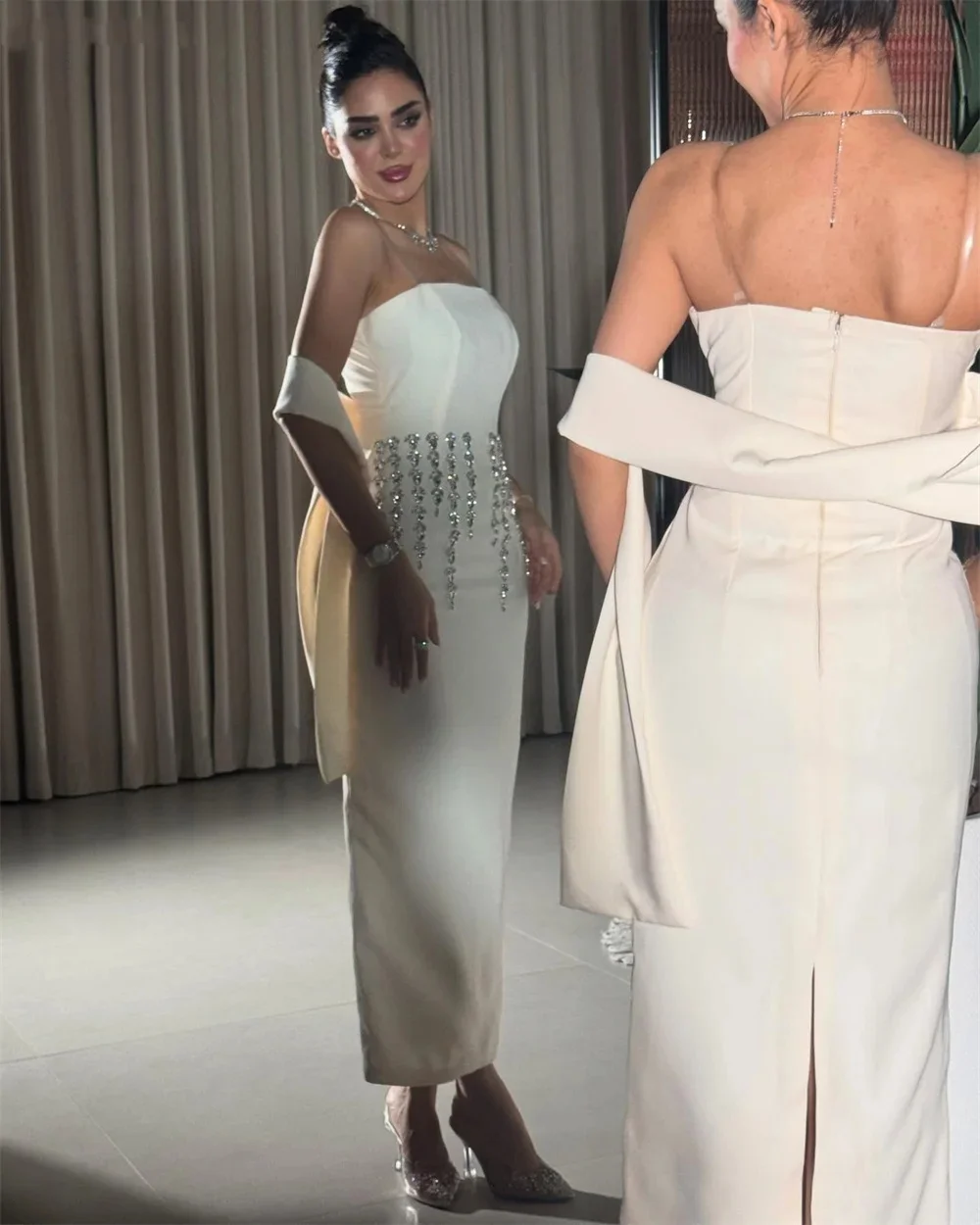 Vestido de fiesta elegante independiente personalizado para mujer, ocasión, graduación, columna de un hombro, faldas hasta el tobillo, cinta de cuentas, vestidos a medida