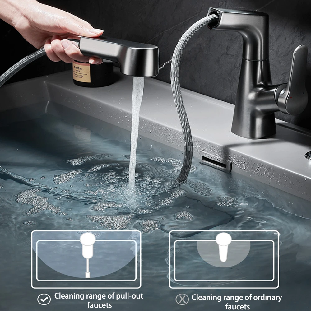 Pull Out Lift Kitchen Faucet Stainless Steel 360° Rotatable  Lift Up Bathroom Sink Vanity Hot&Cold Faucet With Pull-out Function