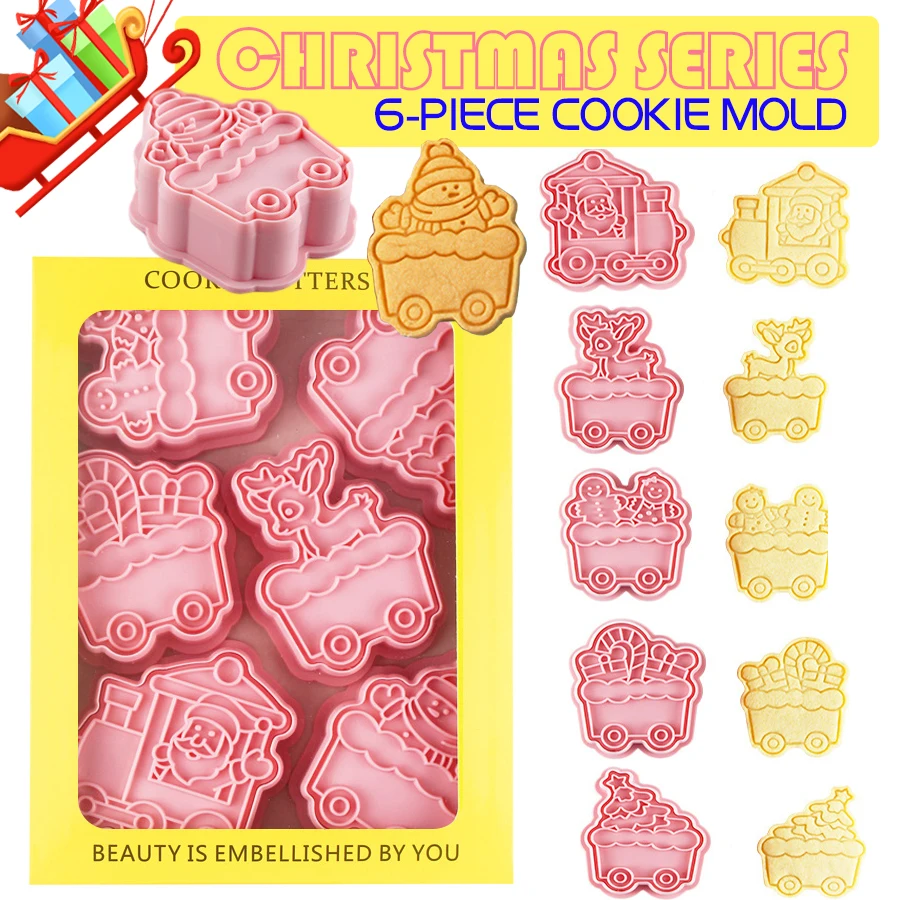 

6Pcs/Set Christmas Sleigh Series Cartoon Frosting Cookies Cutters Plastic Mold Pressable Biscuit Press Mould Stamp Baking Pastry