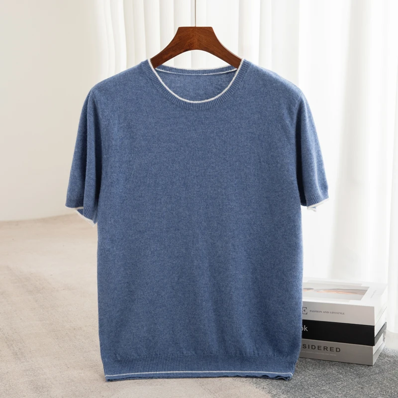 Men\'s T-shirt 2024 Summer New Knitted Tank Top Fashion Color Block Round Neck Pullover Sweater 100% Pure Wool Short sleeved