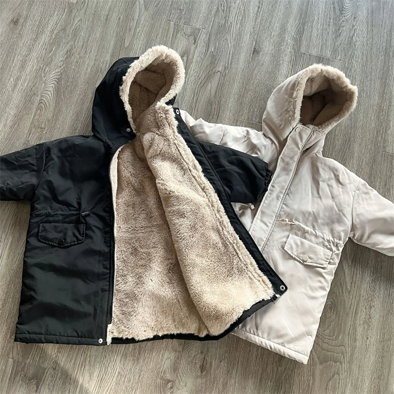 

Children's Plus Velvet Jackets Boys Girls Lambswool Thicken Parkas 2025 Kids Padded Long Coats New Hooded Winter Warm Clothing