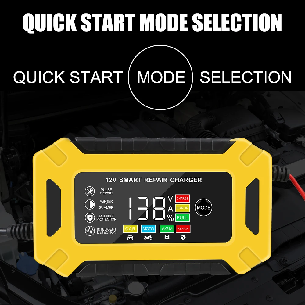 12V 6A Smart Truck Motorcycle Charger Wet Dry Lead Acid Gel Charger Car Auto Battery Charger Pulse Repair Digital LCD Display