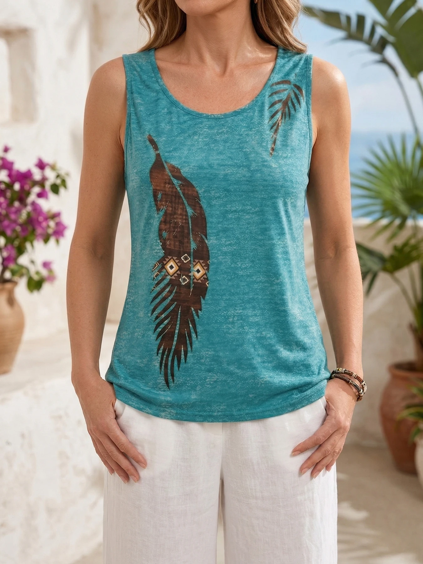 Ladies' vests Western ethnic printed casual sleeveless T-shirt women's retro loose vest