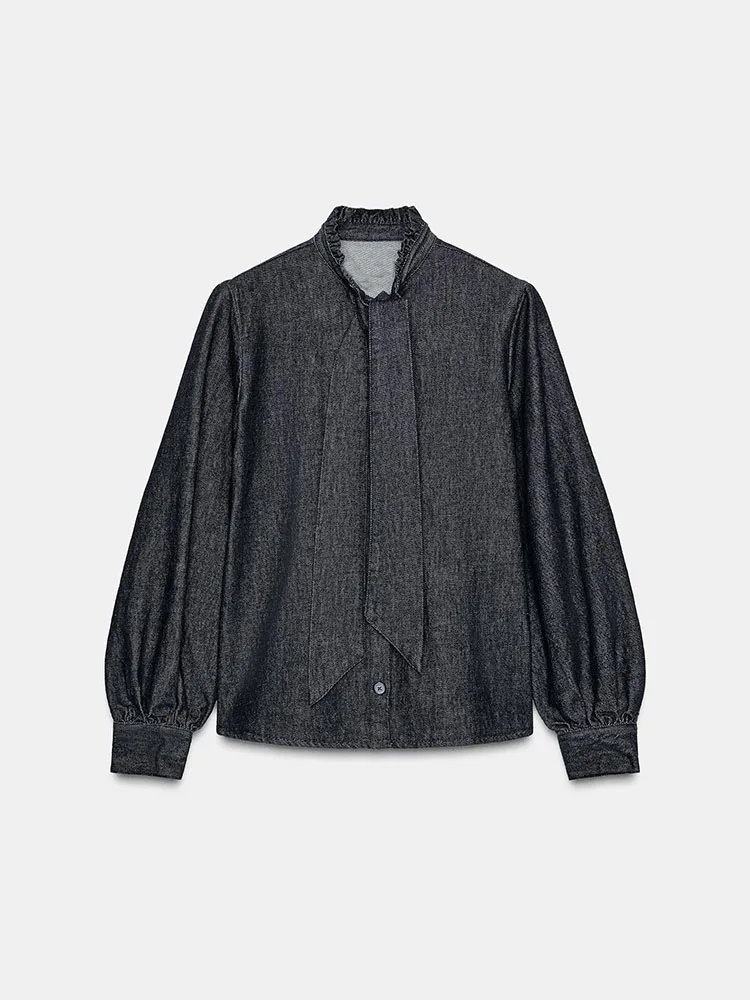 

Ele Sweet Faionable Long Sve Denim irt Knot Decorated New Arrival Women's Clothing Winter 2025