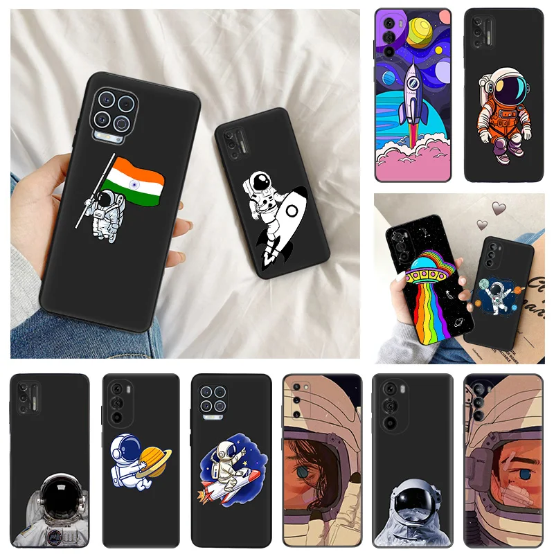 Ultra Thin Black Phone Case for Motorola G9 Edge 20 30 40 G50 G51 G60 G71 G22 G32 G52 G72 G53 G73 Girl Cartoon Astronaut Cover