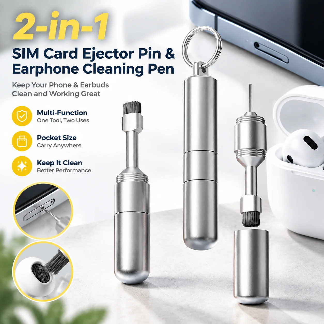 2-in-1 SIM Card Ejector Pin & Earphone Cleaning Pen Aluminum Alloy Portable Cleaner Tool for Phone