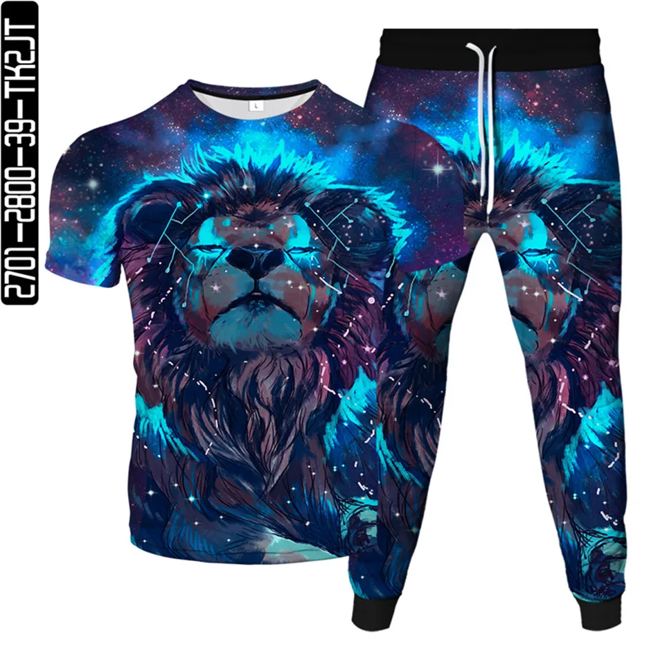 

Men's Fashion Tracksuit Cartoon Animal King Lion Galaxy 3D Print Homme Sportwear Suits Unisex T-Shirt+Trousers 2pcs Set Clothing