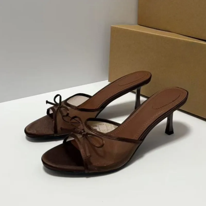 Elegant Butterfly-knot Summer Women Mule Shoes Breathable Mesh Open Toe Slip on Party Dress Footwear Lady High Heels Sandals