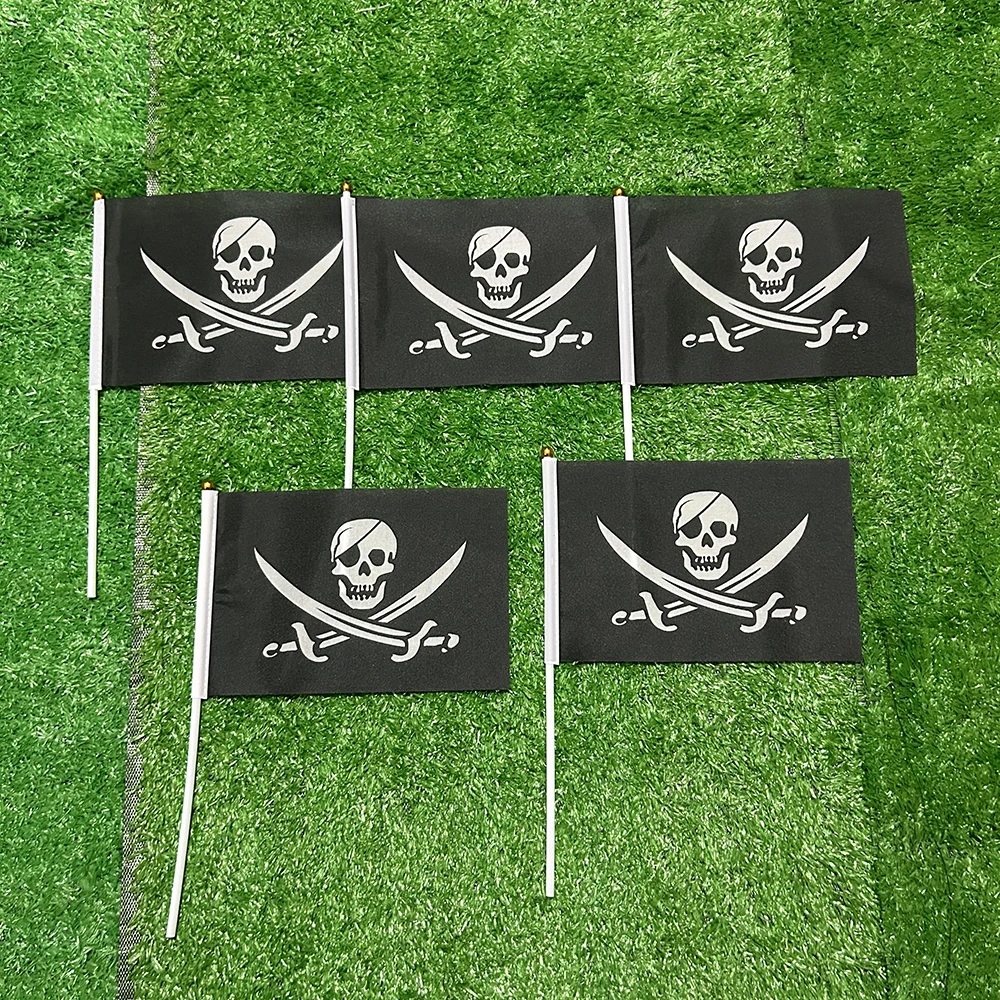 SKY FLAG14x21cm 50/100pcs Double Broken Skull With Knife Pirate hand Flag Jack Rackham Jolly Roger hand waving Flag for decor