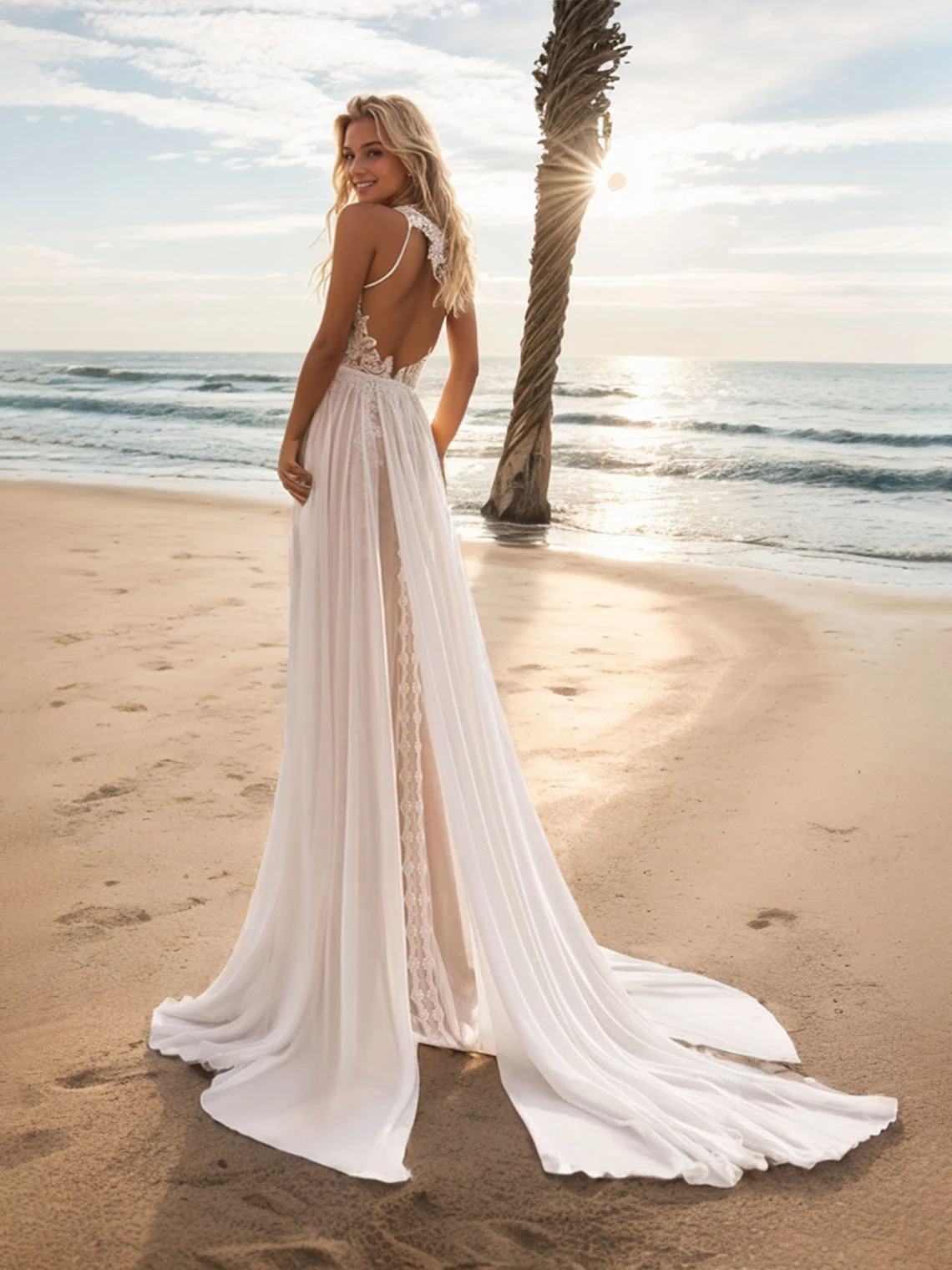 Elegant Sexy A-Line Beach Wedding Dress Sleeveless Chiffon Lace Jewel Neck Court Train Modern Bridal Gown 2025 Free Customized