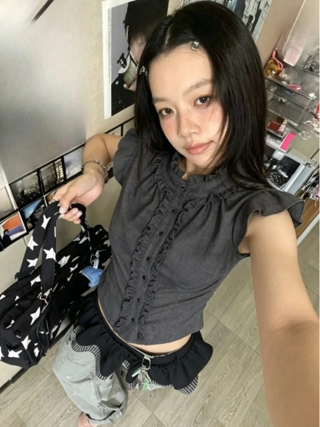 

2000s Y2K Japanese Retro Plaid Short Sleeve Shirt Slim Retro Tops Vintage Aesthetic Casual 2026 New Fashion Streetwear Female