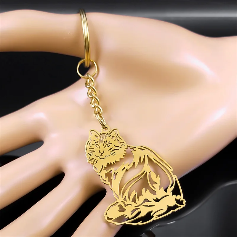 Aesthetic Cat Kitten Ragdoll Key Chain for Women Men Stainless Steel Gold Color Hollow Animal Key Ring Jewelry Gifts K3213S08 image 4