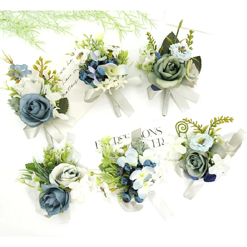 Corsage boutonniere e pulso para convidados, azul fresco, estilo ocidental, estilo floresta, festa de banquete, suprimentos do casamento, 238