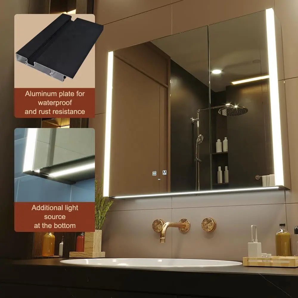 Armoire à pharmacie murale éclairée par LED avec ports USB, désembueur, lumière 3 couleurs, miroir de maquillage à intensité variable, installation facile, 31x