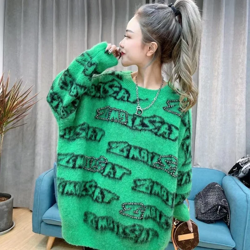 المرأة الكورية رسالة حجر الراين الشارع الشهير Y2K كبيرة الحجم شيك محبوك سترة الخريف الشتاء س الرقبة طويلة الأكمام البلوز تونك القمم