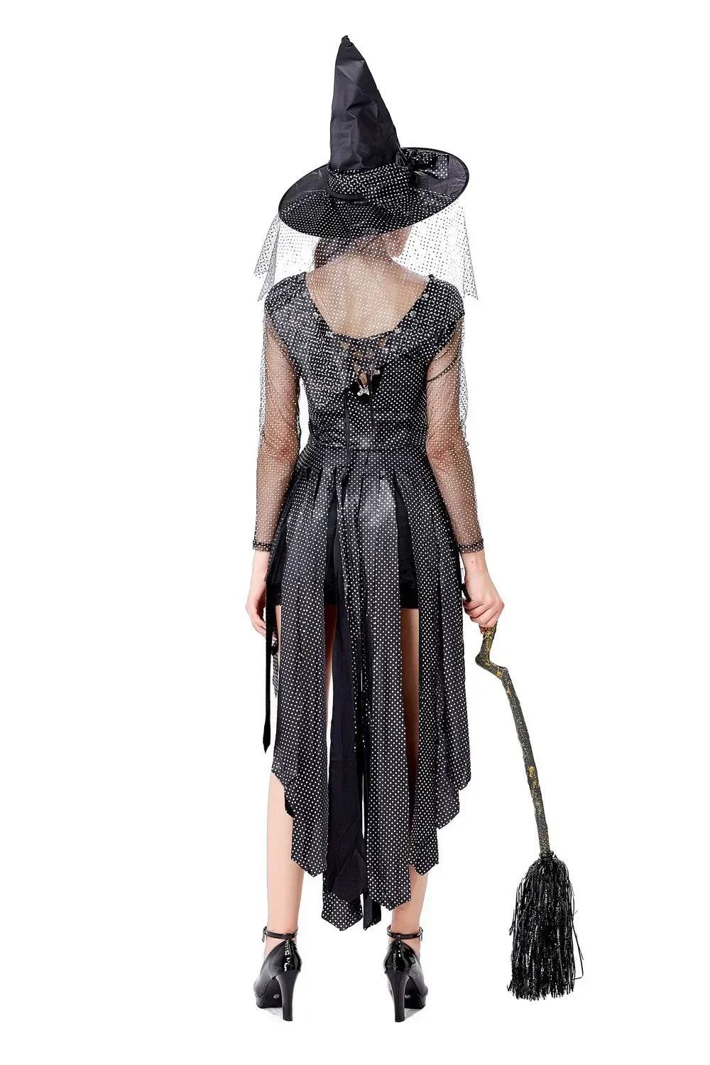 Costume da strega per adulti per festa di Halloween, set da gioco, con fiocco a maniche lunghe, uniforme per costume da strega sexy