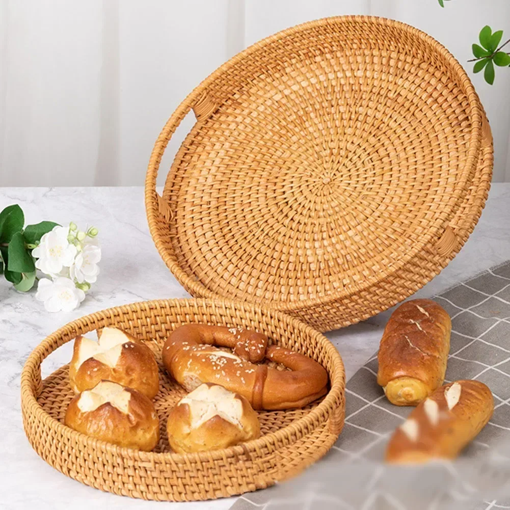 

Wicker Fruit Basket Woven Rattan Serving Tray Round Woven Fruits Bread Basket Storage Trays With Handles For Coffee Table