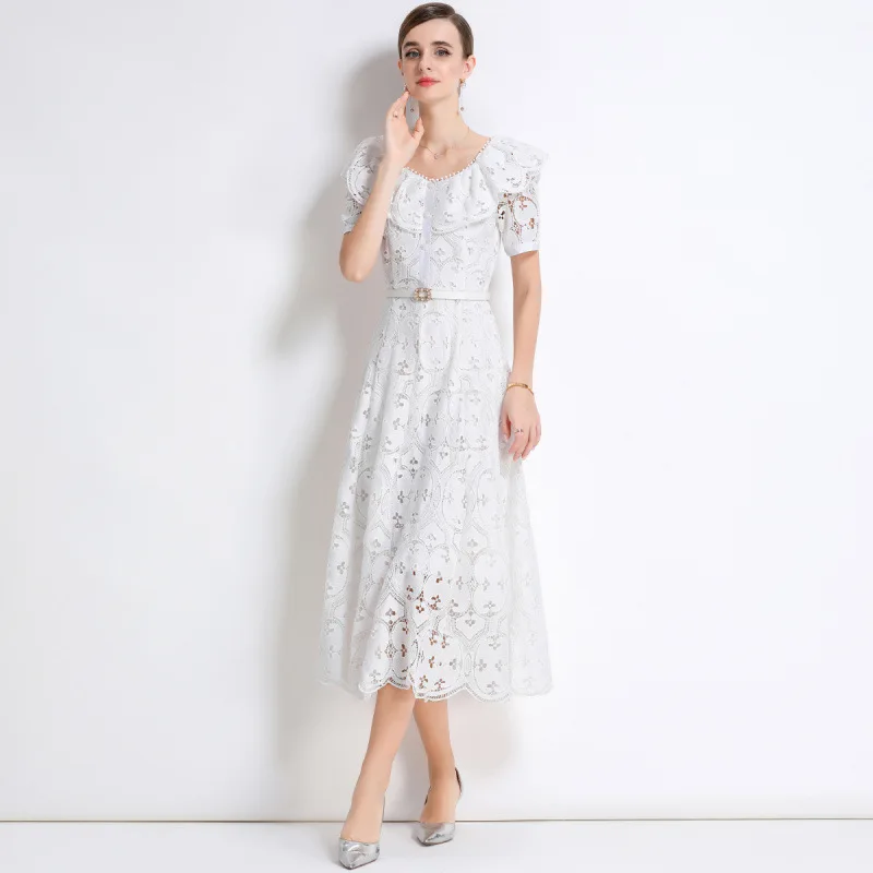 Vaion Lace Dr. Hollow out Stickerei Gored Ne Light Maturi Sle High Waist Street Faion Summer Thi ort Sve