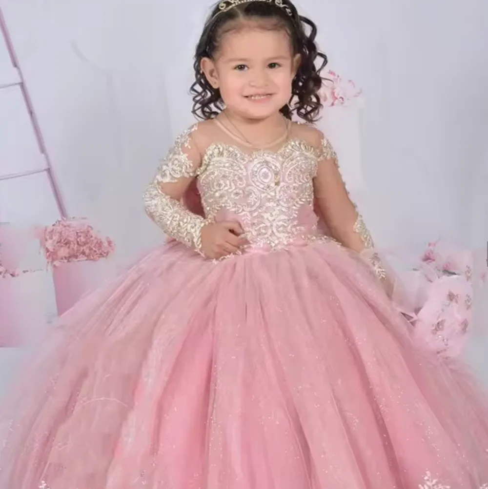 

Customized Pink Flower Girl Dresses For Wedding Gold Appliques Floor Length Kids Birthday Party First Communion Gown
